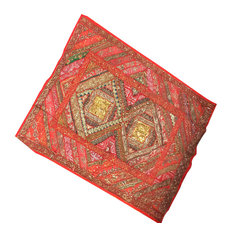 Mogul Interior - Red Orange Sequin Embroidered Tapestry Vintage Sari Wall Hanging - Tapestries