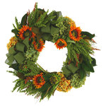 Creative Displays - 26" Hydrangea, Sunflower and Heather Fall Wreath - Are you looking to enjoy the splendors of the fall season all year round? With our 26" Fall Wreath, you can do just that! Beautifully handcrafted, this wonderful faux wreath features a stunning backdrop of orange wheat and sharpened contrast from green hydrangeas, yellow hydrangeas, and magnolia leaves. An accent of orange sunflowers tucked among the lush greenery and bows make this a delightful addition to your home or office. Of course, none of the beauty will fade - thanks to its made-to-last construction using high quality and durable materials - so you won't have to worry about browning or water droplets with this arrangement!