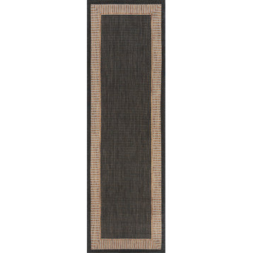 Elgin Transitional Striped Border Black/Gold Indoor/Outdoor Runner Rug, 2.7'x10'