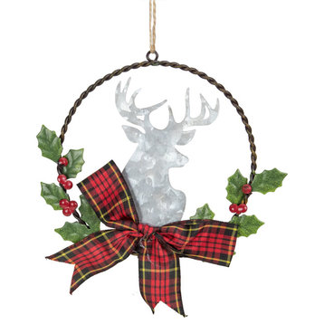 5.5" Wreath and Galvanized Moose Christmas Ornament With Plaid Bow