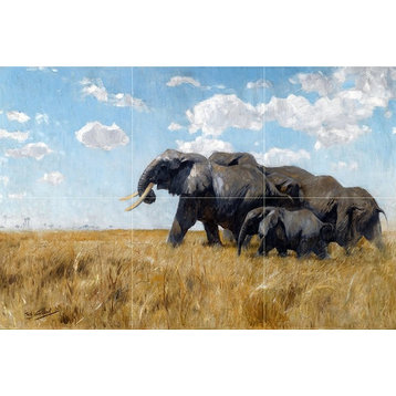 Tile Mural Landscape of Africa Elephant Savanna, Ceramic Glossy
