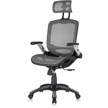 Ergonomic Office Chair, Mesh Seat With Flip Up Arms & Adjustable Headrest, Grey