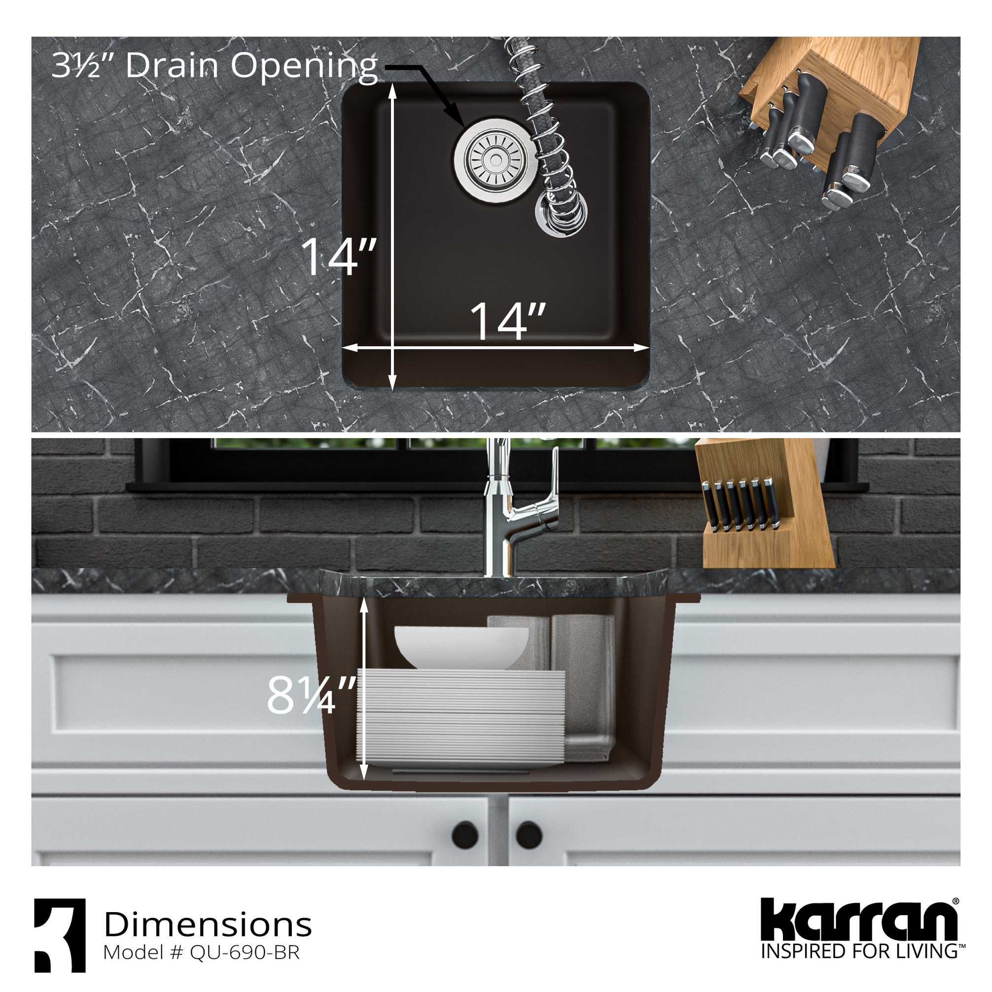 Karran Undermount Quartz Composite 17" Bar Single Bowl Sink, Brown