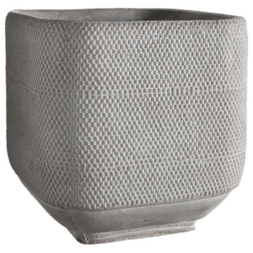 Square Cement Pot in Abstract Pattern Design, Washed Gray Finish, Large