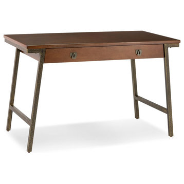 Industrial Desk, Canted Foundry Bronze Metal Frame With Large Drawer, Walnut
