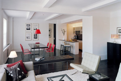Mid-sized minimalist open concept dark wood floor living room photo in New York with white walls, no fireplace and no tv