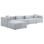 Meridian Furniture - Cube Upholstered Modular Sectional, Gray, 5-Piece: 2 Armless Chair, 2 Corner Chair, 1 Ottoman, Linen Texured Fabric - Treat yourself to some long overdue "me time" when you're seated on this Cube 5-Piece Modular Sectional. This beautiful modular unit is both eye-catching and elegant, features durable linen textured upholstery in a soft grey color that meshes well with nearly any existing color scheme. Pair this modular Sectional with other items in the same collection to create an unlimited number of combinations and enjoy the custom seating arrangement of your dreams. Latches underneath make it easy to attach pieces to one another.