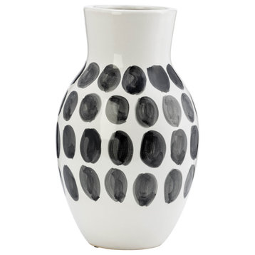 Ceramic 10"H Black Polk-A-Dot Flower Vase, White