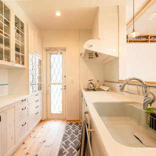 Design ideas for a scandinavian galley open plan kitchen in Other with white appliances, medium hardwood floors and multi-coloured floor.