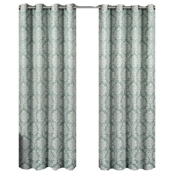 Aryanna Set of 2 Jacquard Floral Curtains, Aqua, 108"x108"