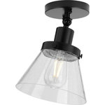 Progress Lighting - Hinton 1-Light Seeded Glass Industrial Flush Mount Ceiling Light, Matte Black - A light source glows from within a clear seeded glass shade for focused task lighting with unexpected visual texture. For ideal illumination, use 1 medium base bulb that is sold separately (60w max - LED/CFL/incandescent). The ceiling light is compatible with dimmable bulbs. Incorporate clear light bulbs for a pinch of contemporary shine or opt for vintage bulbs to enhance the light fixture's rustic demeanor. The flush mount's industrial design is ideal for any hallway, stairwell, entryway, closet, pantry, kitchen, workspace, or sitting room in coastal, farmhouse, transitional, or vintage electric style settings. It's time to breathe new life into the mundane every day with timeless and truly transformative bathroom lighting. Make your purchase today to begin your journey to a whole new lighting experience. Progress Lighting products are designed for exceptional quality, reliability, and functionality.