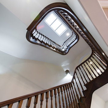 White oak stairs with handrail and wood balusters