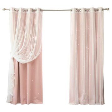 Tulle and Star Cut Out Blackout Mix and Match Curtains, Dusty Pink, 84"