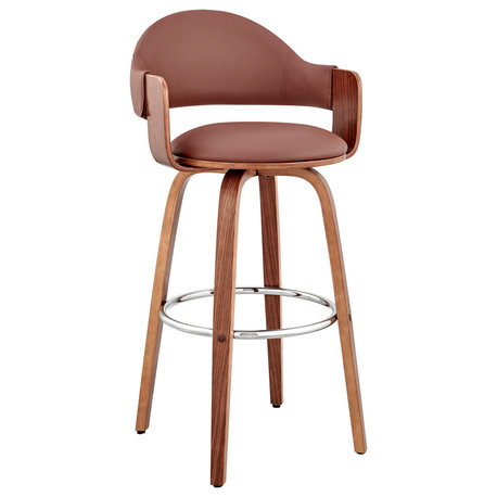 Daxton Faux Leather and Wood Bar Stool, Brown and Walnut, 30"