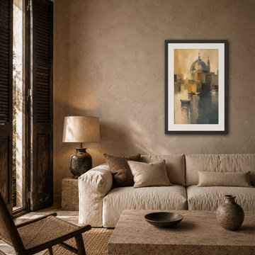 Dome Across the Water Framed Art in a Neutral Living Room