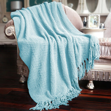 Tweed Knitted Throw Blanket, Aquamarine, 60"x80"