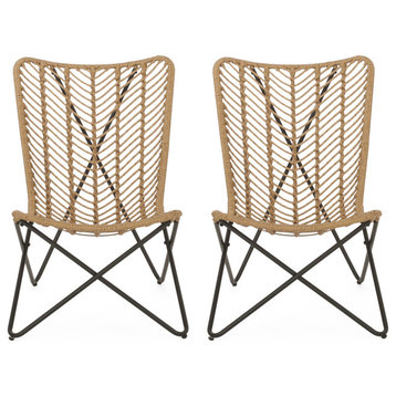Juan Outdoor Wicker Accent Chairs, Set of 2, Light Brown/Black