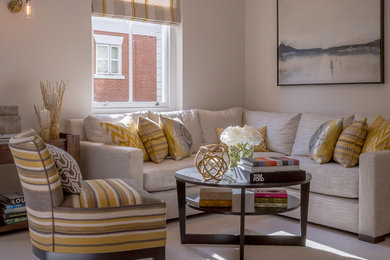 Design ideas for a medium sized contemporary open plan living room in London with grey walls, carpet and beige floors.