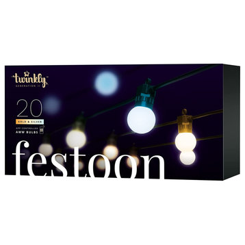 Twinkly Festoon App-Controll LED Light String with 20 AWW LED, Black Cable 32.8'