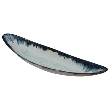 Modern Molten Glass Bead Drip Ceramic Canoe Bowl Blue Cream Wide Long Swoop