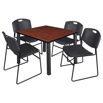 Kee 42" Square Breakroom Table, Cherry/ Black and 4 Zeng Stack Chairs, Black