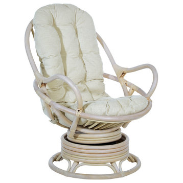 Lanai Rattan Swivel Rocker Chair, Linen Fabric With White Wash Frame