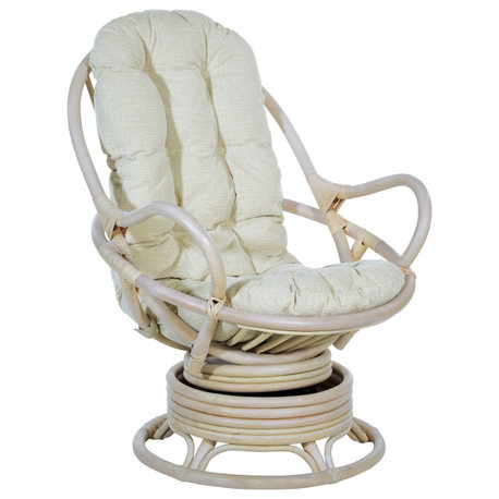 Lanai Rattan Swivel Rocker Chair, Linen Fabric With White Wash Frame