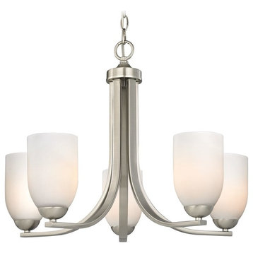 Satin Nickel Chandelier with White Dome Glass Shades and Five Lights