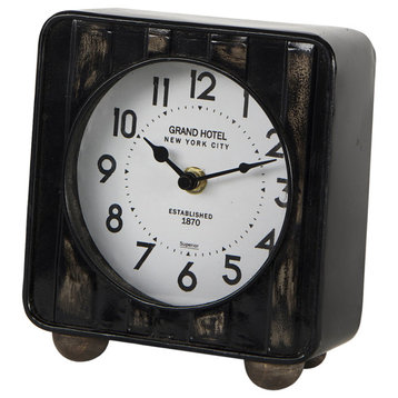 Karl 6.0Lx3.0Wx6.8H Rustic Black Iron Rounded Square Table Clock
