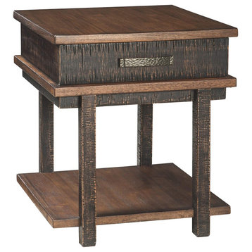 Rustic End Table, Two Tone Design With Distressed Accents and Lower Open Shelf