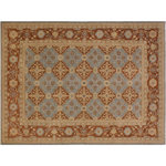 Bareens Designer Rugs - Oriental Ziegler Argentin Blue Brown Hand-Knotted Wool Rug-7'11'' x 9'8'' - Enhance the ambiance of your home with this magnificent Persian-influenced Turkish hand-knotted rug made by skilled artisans capable of creating the most exceptional vegetable dyes and hand-spun wool. This exquisite handmade rug is a one-of-a-kind Peshawar Kafkaz, otherwise identified as Chobi, Chobi Peshawar, Oushak, or Ziegler rug. These handmade rugs are crafted in Pakistan utilizing superior-quality wool imported from Australia, New Zealand, and Korea in two types of weaves: the Persian weave and the Mori weave. This rug is meticulously crafted by hand using the finest natural vegetable dyes extracted from local plants. The artisans use a blend of hand-spun local and fine merino wool, resulting in a rug with a compelling texture, higher lanolin content, and longer staple. The artisans occasionally incorporate natural or artificial silk into the pile to enhance specific motifs. The finished product is an awe-inspiring execution of flawless design and an understated palette that exudes elegance.