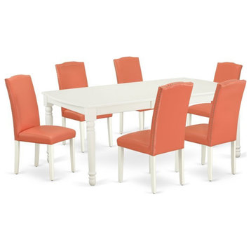 East West Furniture Dover 7-piece Wood Dining Set in Linen White/Pink Flamingo