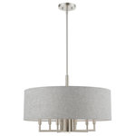 Livex Lighting - Dakota 7 Light Brushed Nickel Pendant Chandelier - This seven light pendant from the Dakota collection has a clean, crisp look and contemporary appeal while offering antiquate light with the six up lights and the one down light. The sleek design and angular arm feature a brushed nickel finish. The hand crafted urban gray fabric hardback shade with white color fabric on the inside offers warm light for your surroundings.