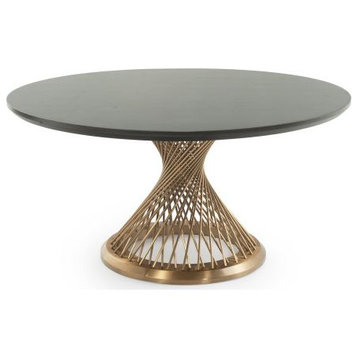 Modern Twisted Spoke Hardwood Dining Table- Gold Base, Smooth Alder Ebony Finish, 60x60x31