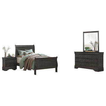 4-Piece Modern Full Sleigh Bed, Dresser, Mirror, Nightstand, Dark Brown