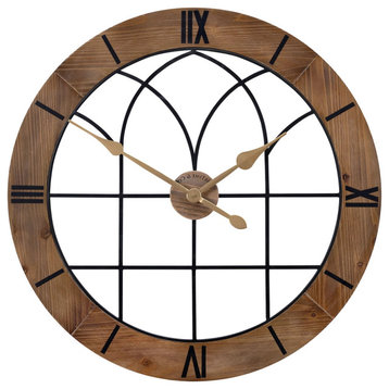 Farmhouse Wall Clock, Round Design With Arched Accents & Roman Numbers, Brown