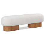 Meridian Furniture - Robertson Boucle Fabric Upholstered Bench, Cream, Walnut Finish - Delve into opulence with this cream Robertson boucle fabric bench, a luxurious blend of comfort and timeless style. Draped in sumptuous cream boucle fabric upholstery, this handsome bench exudes modern charm, so you can sit in style while pulling on boots or putting on shoes. The bench is adorned with a rich walnut finish base, enhancing its classic appeal with an art deco design that infuses vintage elegance into your decor in the entryway, bedroom, or living room.