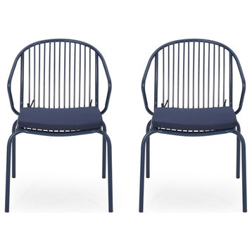 Sarah Outdoor Modern Iron Club Chair With Cushion, Set of 2, Navy Blue