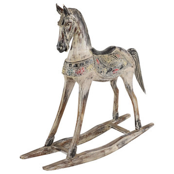 Handmade Vintage Wooden Rocking Horse with Ornamental Saddle, 40” x 39”