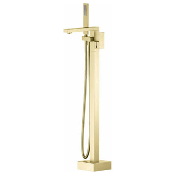 Cube Single Handle Floor Mount Tub Filler With Hand Shower, Brushed Gold