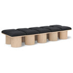 Meridian Furniture - Pavilion Black Boucle Fabric Bench, Black, Natural Finish, 90" W X 31" D X 17.5" H - Bring valuable seating and remarkable style to your space with this black Pavilion boucle fabric bench, an exquisite balance of style and usability for the entryway, bedroom, and beyond. Crafted from oak veneer with a natural finish, this bench has a 4-inch-thick seat cushion that's channel-tufted for a touch of luxury. The bench's columnar bases add a dash of art deco design, making it a captivating focal point in any room.