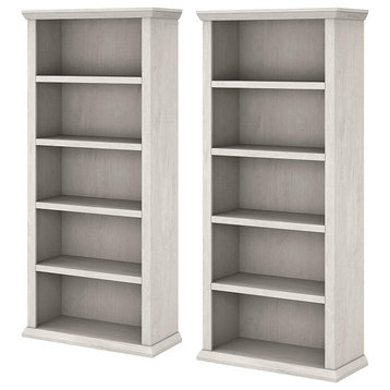 Set of 2 Bookcase, Wooden Frame With 2 Fixed & 3 Adjustable Shelves, White Oak