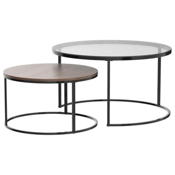 2 Pack Nest Coffee Table, Iron Base & Round Top, Rustic Oak/Gunmetal/Clear Glass