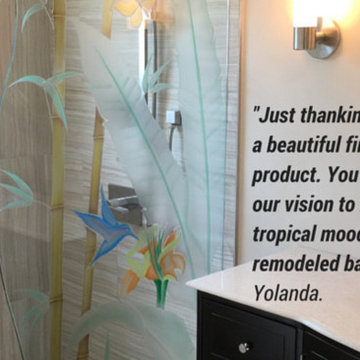 Etched Shower Glass Partition With Custom Painted Art