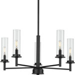 Progress Lighting - Kellwyn 5-Light Clear Glass Transitional Chandelier Light, Matte Black - Balance the best of modern and traditional with the Kellwyn Collection 5-Light Matte Black Clear Glass Transitional Chandelier Light.