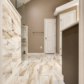 Transitional Bathroom with Marble-Look Walk-In Shower