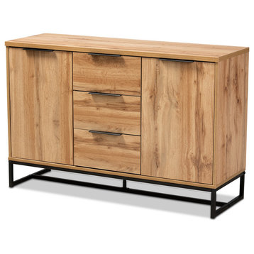 Reid Modern Industrial Oak Finish Wood and Black Metal 3-Drawer Sideboard Buffet