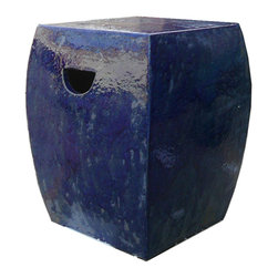 Chinese Square Flat Body Navy Blue Clay Garden Stool - Accent And Garden Stools