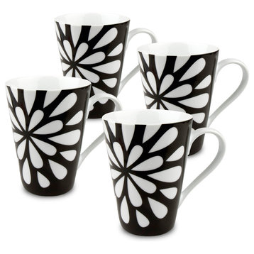 Set of 4 Black and White Bloom Mugs