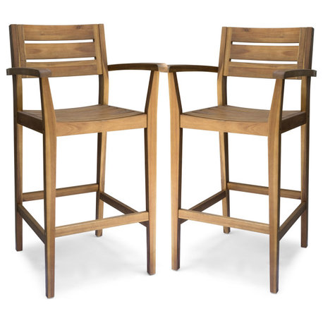 GDF Studio Stamford Outdoor Rustic Acacia Wood Barstool, Set of 2, Teak Finish